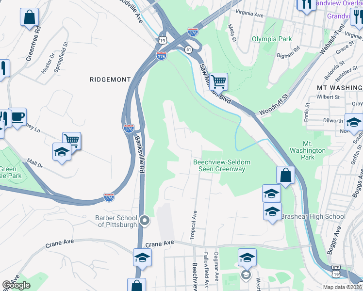 map of restaurants, bars, coffee shops, grocery stores, and more near 1125 Shadycrest Drive in Pittsburgh
