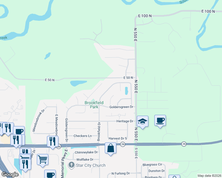 map of restaurants, bars, coffee shops, grocery stores, and more near 259-301 Brookfield Drive in Lafayette