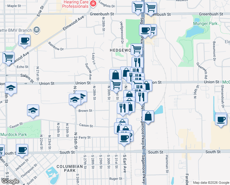 map of restaurants, bars, coffee shops, grocery stores, and more near 712 North 31st Street in Lafayette
