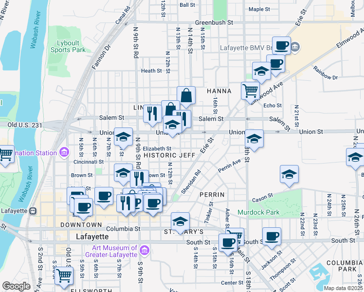 map of restaurants, bars, coffee shops, grocery stores, and more near 1303 Elizabeth Street in Lafayette