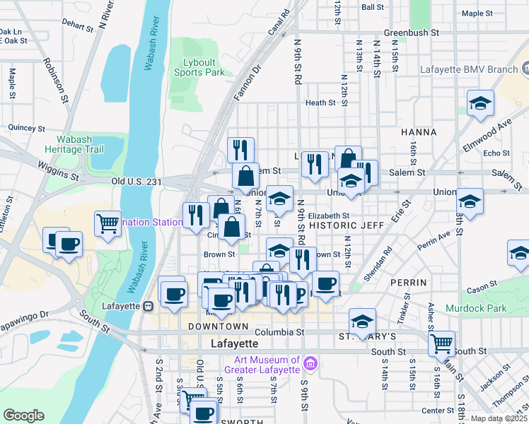 map of restaurants, bars, coffee shops, grocery stores, and more near 611 North 7th Street in Lafayette