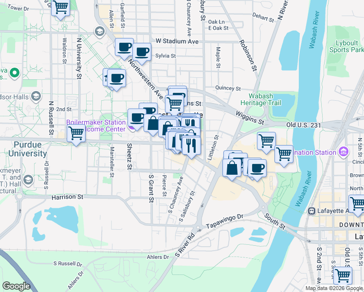 map of restaurants, bars, coffee shops, grocery stores, and more near 200 West State Street in West Lafayette