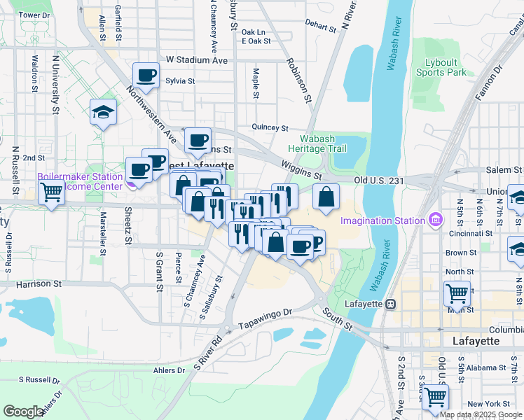 map of restaurants, bars, coffee shops, grocery stores, and more near 150 Littleton Street in West Lafayette