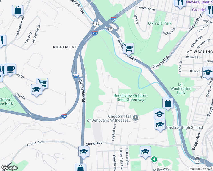 map of restaurants, bars, coffee shops, grocery stores, and more near 1125 Shadycrest Drive in Pittsburgh
