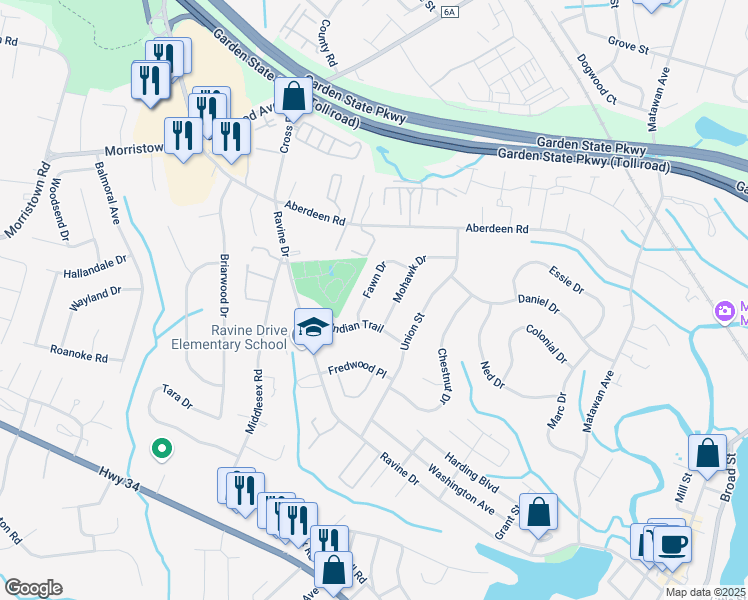 map of restaurants, bars, coffee shops, grocery stores, and more near 4 Fawn Drive in Matawan