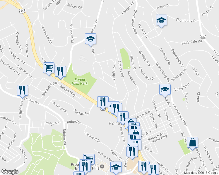 map of restaurants, bars, coffee shops, grocery stores, and more near 119 Roberta Drive in Pittsburgh