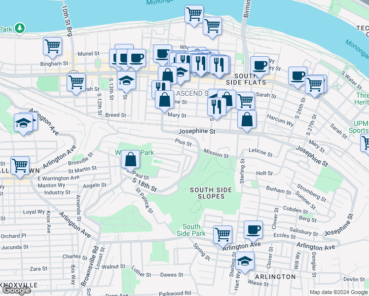 map of restaurants, bars, coffee shops, grocery stores, and more near 2003 Gregory Street in Pittsburgh
