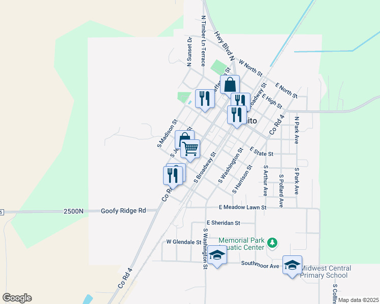 map of restaurants, bars, coffee shops, grocery stores, and more near 301 South Adams Street in Manito