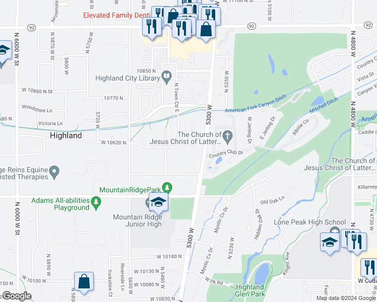 map of restaurants, bars, coffee shops, grocery stores, and more near 10565 North 5370 West Street in Highland