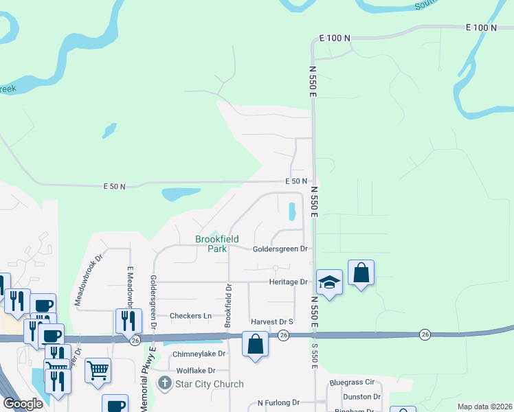 map of restaurants, bars, coffee shops, grocery stores, and more near 259-301 Brookfield Drive in Lafayette