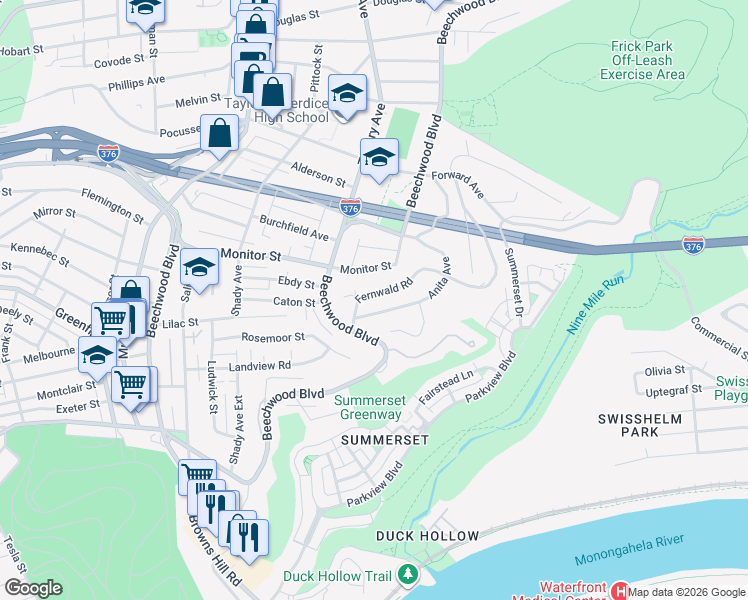 map of restaurants, bars, coffee shops, grocery stores, and more near 2955 Fernwald Road in Pittsburgh