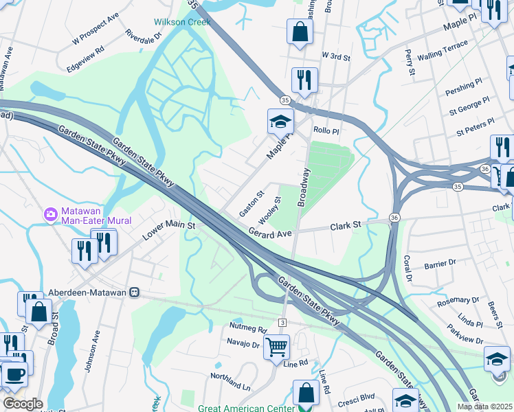 map of restaurants, bars, coffee shops, grocery stores, and more near 37 Wooley Street in Matawan