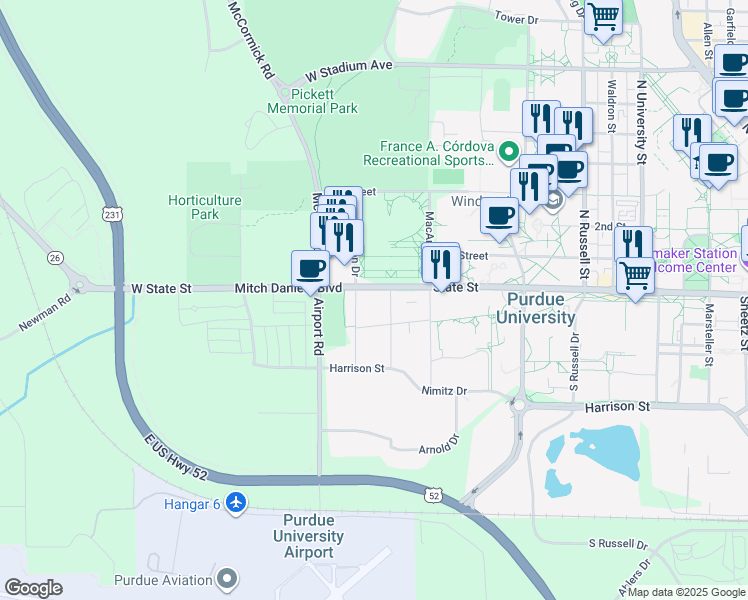 map of restaurants, bars, coffee shops, grocery stores, and more near 1579-1581 W State St in West Lafayette