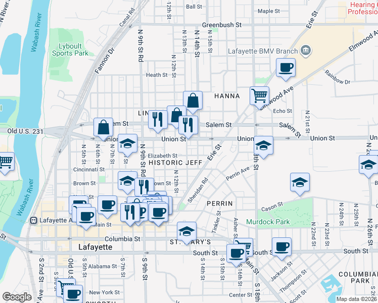 map of restaurants, bars, coffee shops, grocery stores, and more near 1302 Elizabeth Street in Lafayette