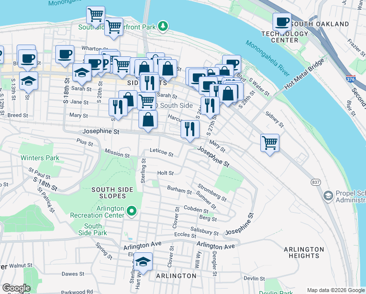 map of restaurants, bars, coffee shops, grocery stores, and more near 20 Kosciusko Way in Pittsburgh
