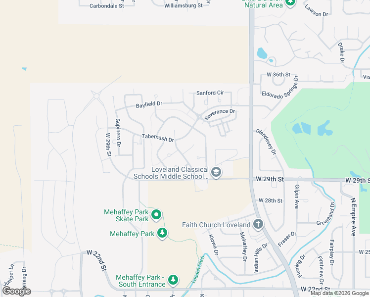 map of restaurants, bars, coffee shops, grocery stores, and more near 3281 Calahan Court in Loveland