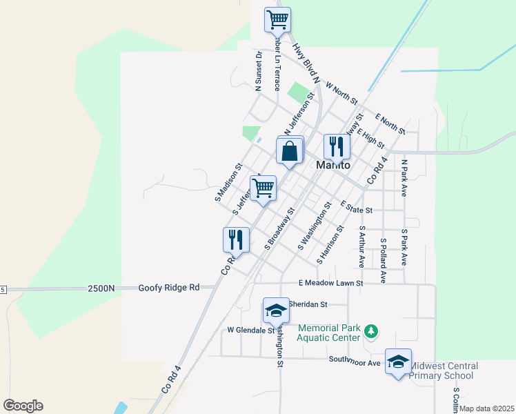 map of restaurants, bars, coffee shops, grocery stores, and more near 301-399 South Adams Street in Manito