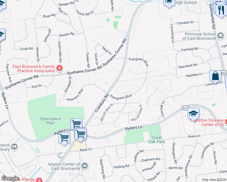 map of restaurants, bars, coffee shops, grocery stores, and more near 28 Rice Run in East Brunswick