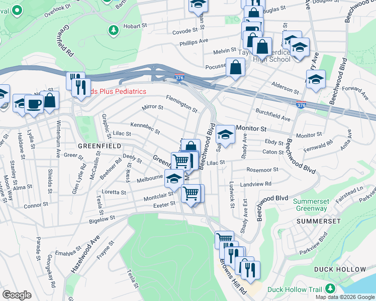 map of restaurants, bars, coffee shops, grocery stores, and more near 1009 Lilac Street in Pittsburgh