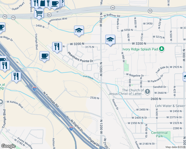 map of restaurants, bars, coffee shops, grocery stores, and more near 1275 North Bridalwood Loop in Lehi