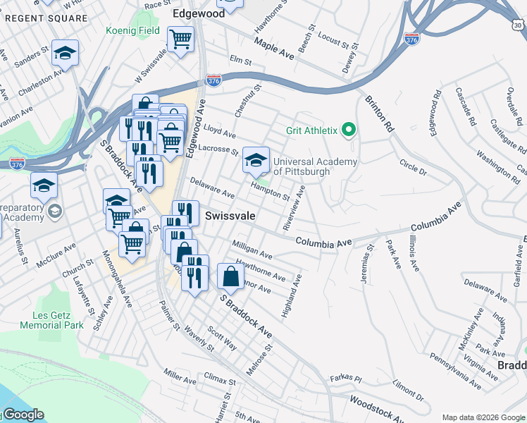 map of restaurants, bars, coffee shops, grocery stores, and more near 7806 Saint Lawrence Avenue in Pittsburgh