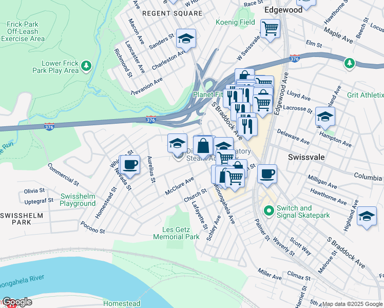 map of restaurants, bars, coffee shops, grocery stores, and more near in Swissvale