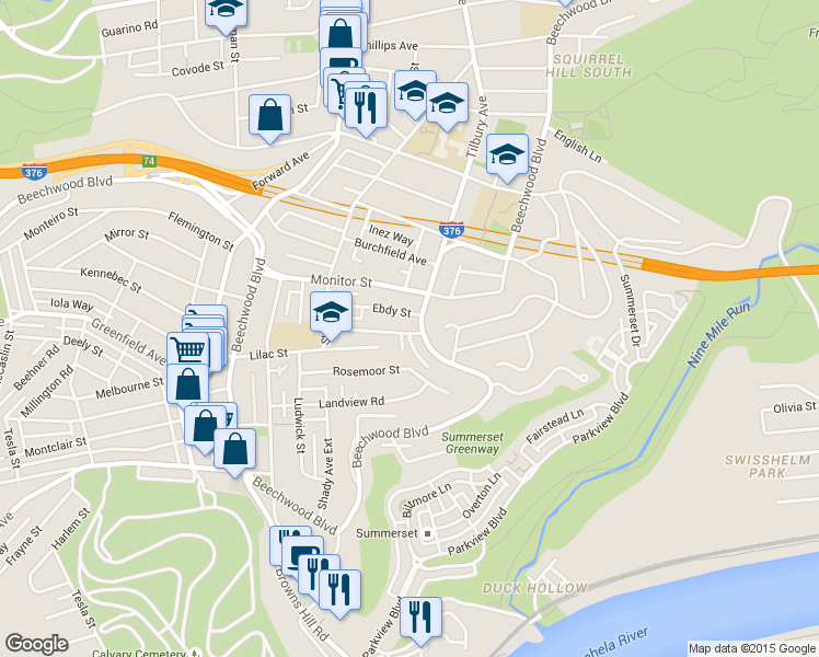 map of restaurants, bars, coffee shops, grocery stores, and more near 2848 Beechwood Boulevard in Pittsburgh