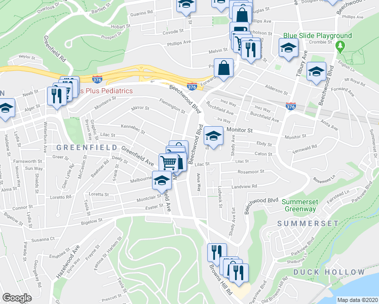 map of restaurants, bars, coffee shops, grocery stores, and more near 3529 Beechwood Boulevard in Pittsburgh