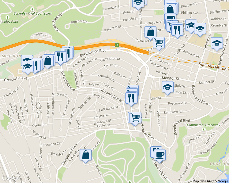 map of restaurants, bars, coffee shops, grocery stores, and more near 978 Lilac Street in Pittsburgh
