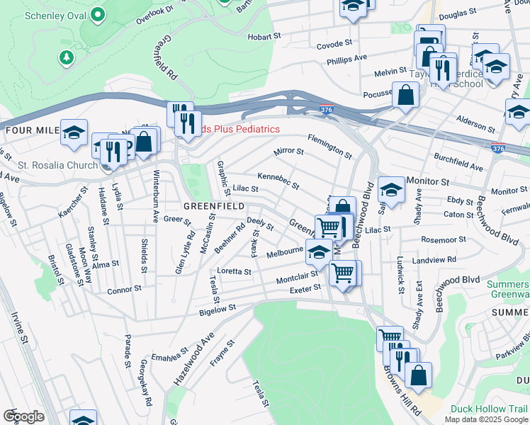 map of restaurants, bars, coffee shops, grocery stores, and more near 901 Deely Street in Pittsburgh