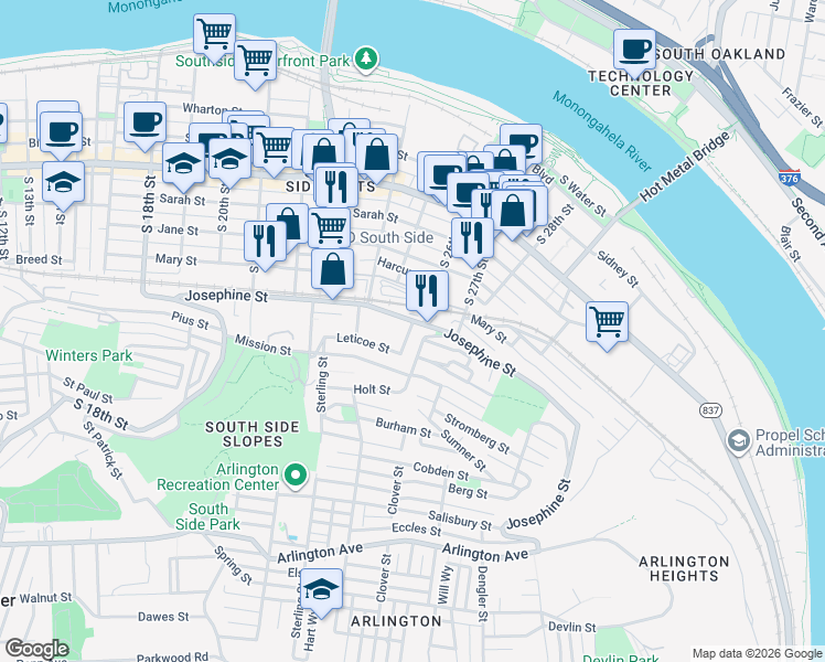 map of restaurants, bars, coffee shops, grocery stores, and more near 20 Kosciusko Way in Pittsburgh