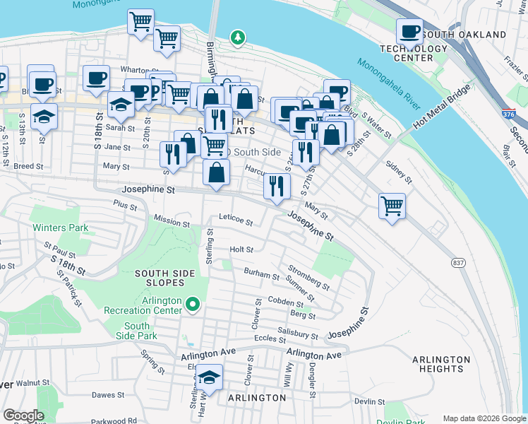 map of restaurants, bars, coffee shops, grocery stores, and more near 20 Kosciusko Way in Pittsburgh