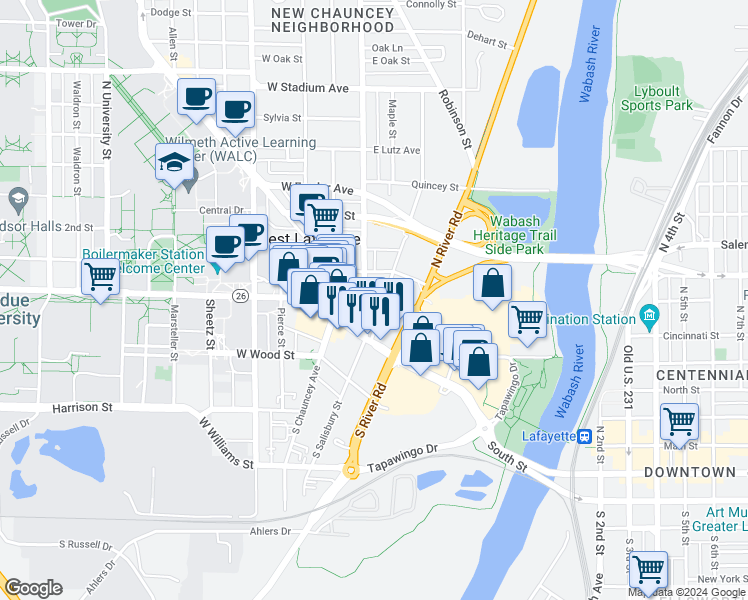 map of restaurants, bars, coffee shops, grocery stores, and more near 32 North Salisbury Street in West Lafayette