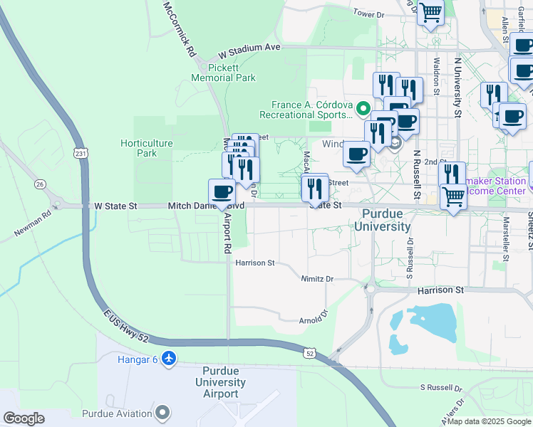 map of restaurants, bars, coffee shops, grocery stores, and more near 1579-1581 W State St in West Lafayette