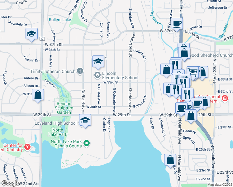 map of restaurants, bars, coffee shops, grocery stores, and more near 3112 North Colorado Avenue in Loveland