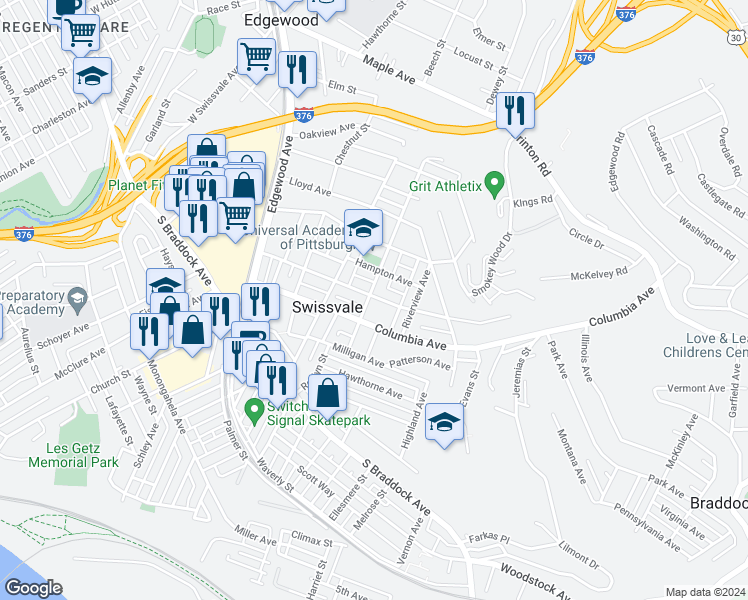 map of restaurants, bars, coffee shops, grocery stores, and more near 7806 Saint Lawrence Avenue in Pittsburgh