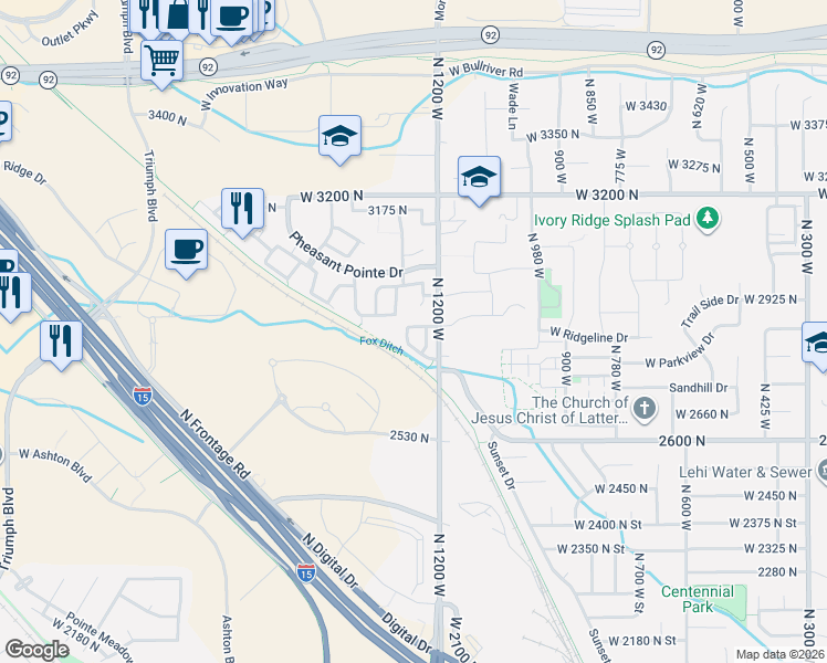 map of restaurants, bars, coffee shops, grocery stores, and more near 1275 North Bridalwood Loop in Lehi