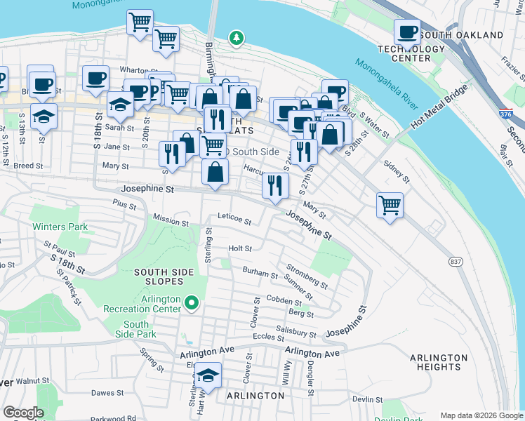 map of restaurants, bars, coffee shops, grocery stores, and more near 20 Kosciusko Way in Pittsburgh