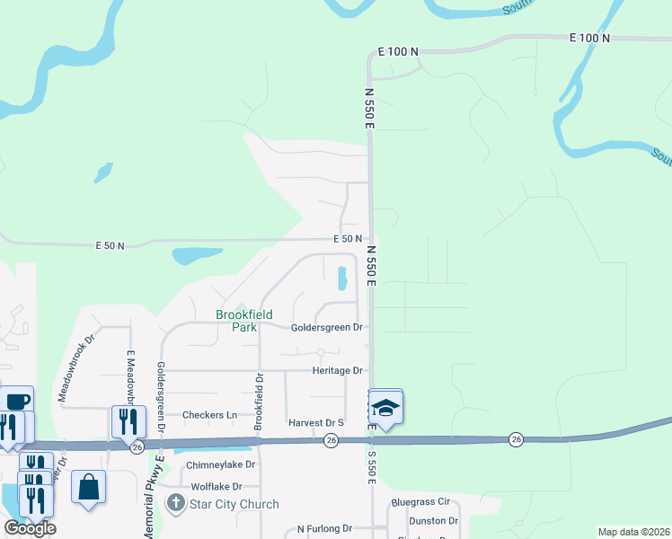 map of restaurants, bars, coffee shops, grocery stores, and more near 416 Brookfield Drive in Lafayette