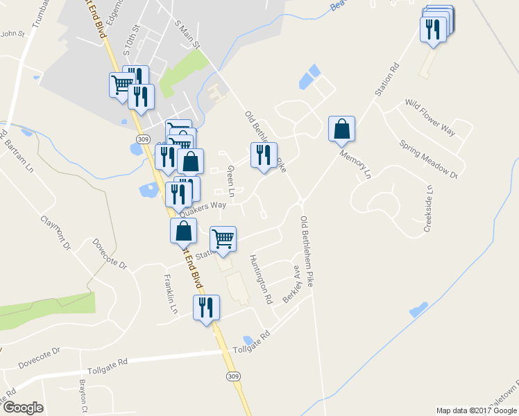 map of restaurants, bars, coffee shops, grocery stores, and more near 102 Laurel Court in Quakertown