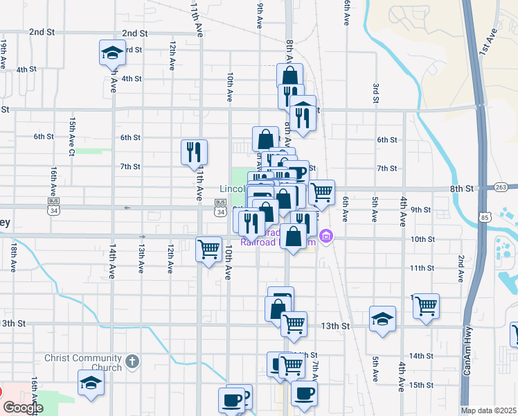 map of restaurants, bars, coffee shops, grocery stores, and more near 9th St & 9th Ave in Greeley