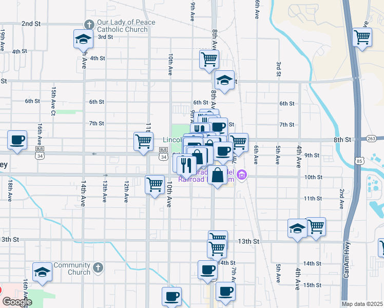 map of restaurants, bars, coffee shops, grocery stores, and more near 9th St & 9th Ave in Greeley