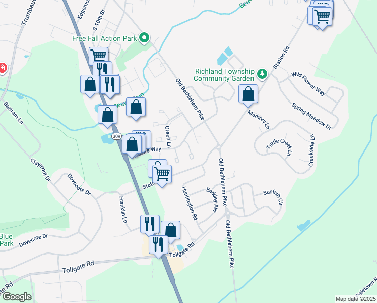 map of restaurants, bars, coffee shops, grocery stores, and more near 102 Laurel Court in Quakertown