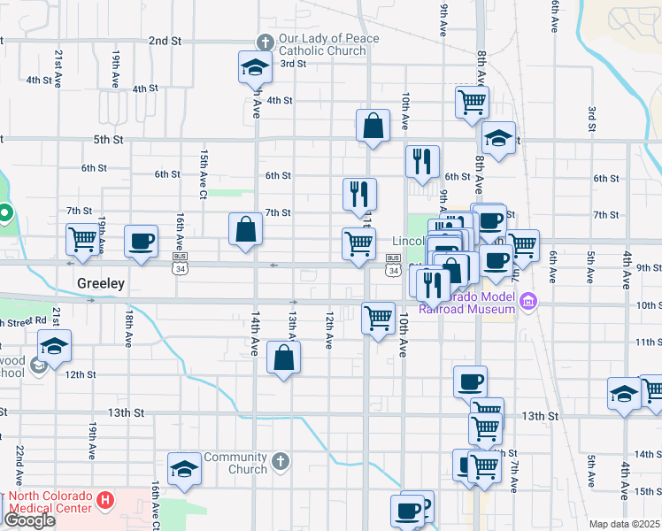 map of restaurants, bars, coffee shops, grocery stores, and more near 1200 U.S. 34 Business in Greeley