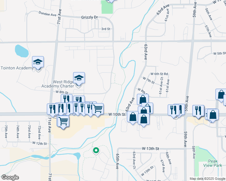 map of restaurants, bars, coffee shops, grocery stores, and more near 6600 8th Street in Greeley