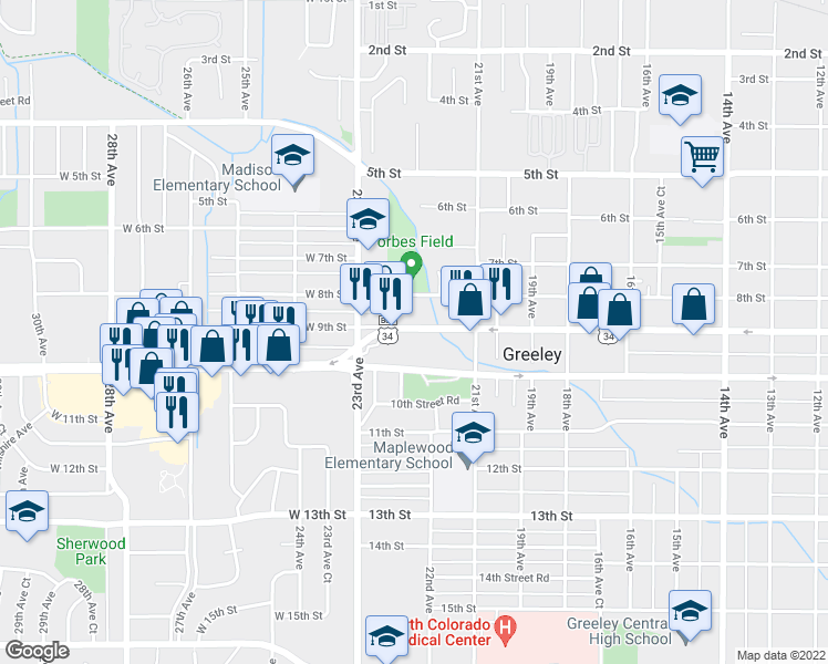 map of restaurants, bars, coffee shops, grocery stores, and more near 2128 1/2 9th Street in Greeley