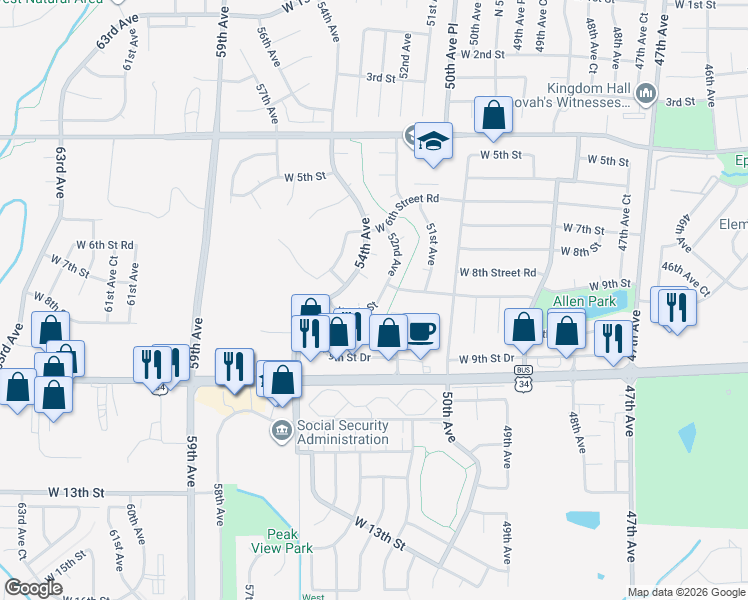 map of restaurants, bars, coffee shops, grocery stores, and more near 5218 West 9th Street in Greeley