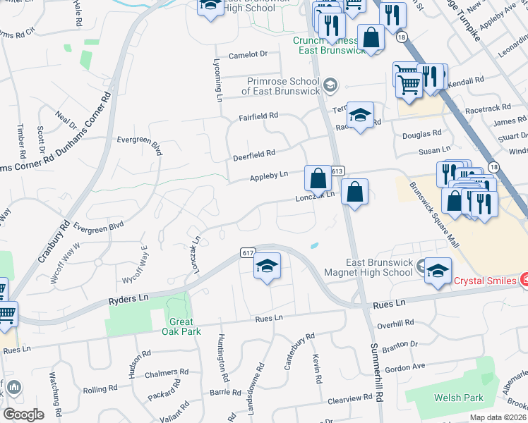 map of restaurants, bars, coffee shops, grocery stores, and more near 134 Baron Lane in East Brunswick