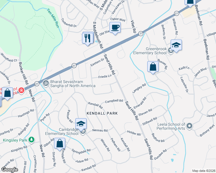 map of restaurants, bars, coffee shops, grocery stores, and more near 48 Eastern Drive in South Brunswick Township