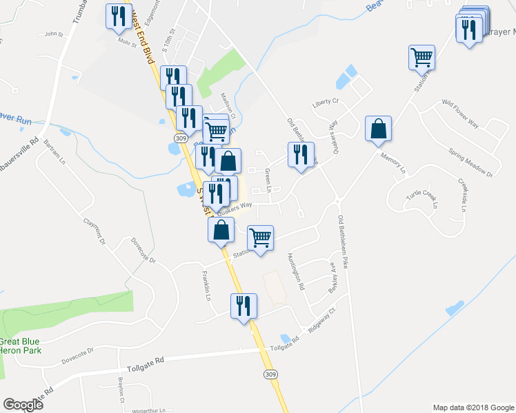 map of restaurants, bars, coffee shops, grocery stores, and more near 16 Mimosa Court in Quakertown